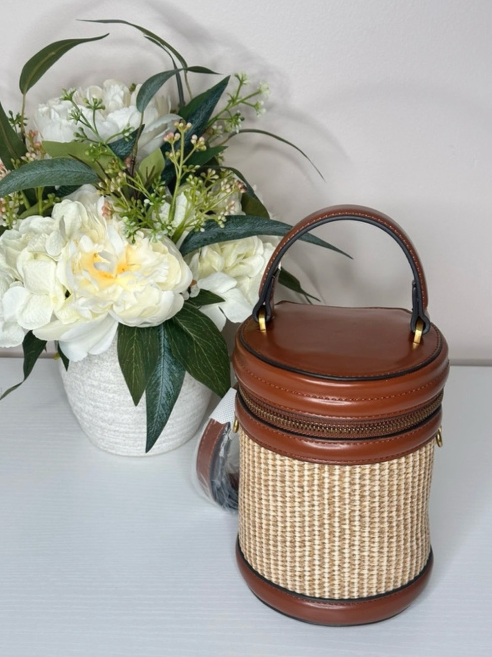 House of Harlow 1960 Woven Bucket Bag Brown Leather Top Handle Crossbody NEW